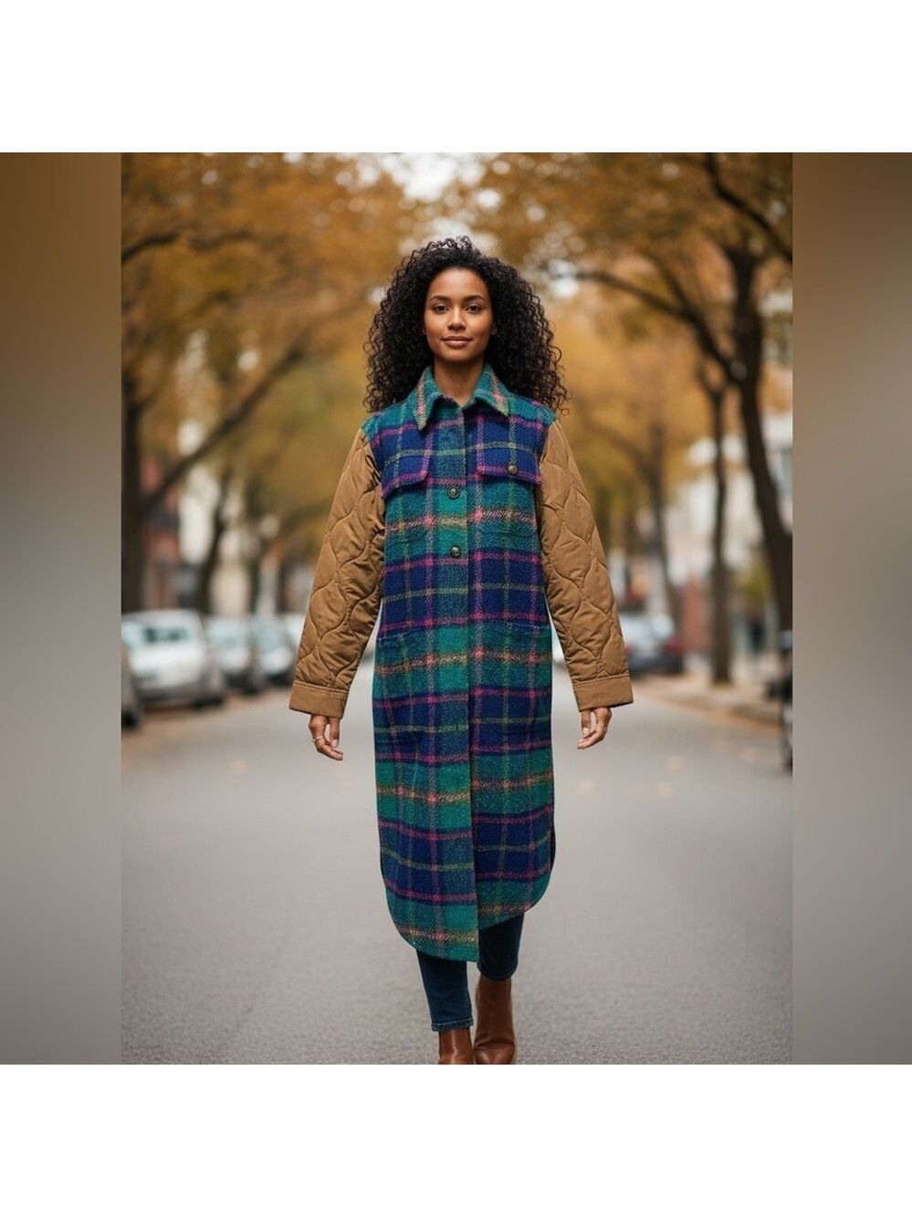 Sundance Hampshire Plaid Wool Blend Quilted Sleeve Midi Length Jacket Size M EUC